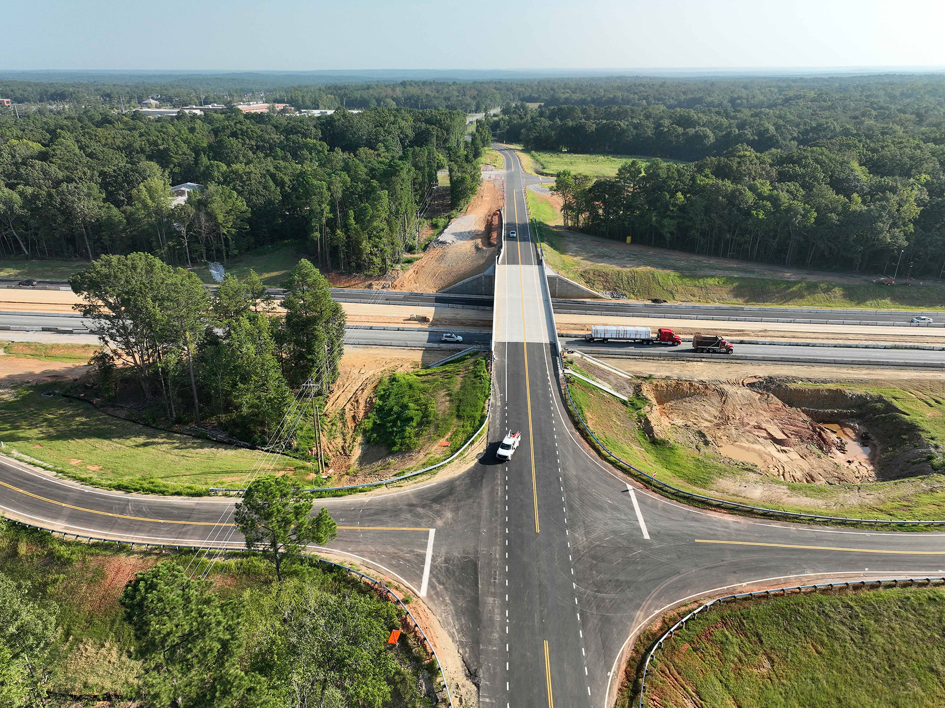 Work has been completed at the overpass bridge on Mount Vernon Road.  This view shows the newly opened road and realigned side roads.