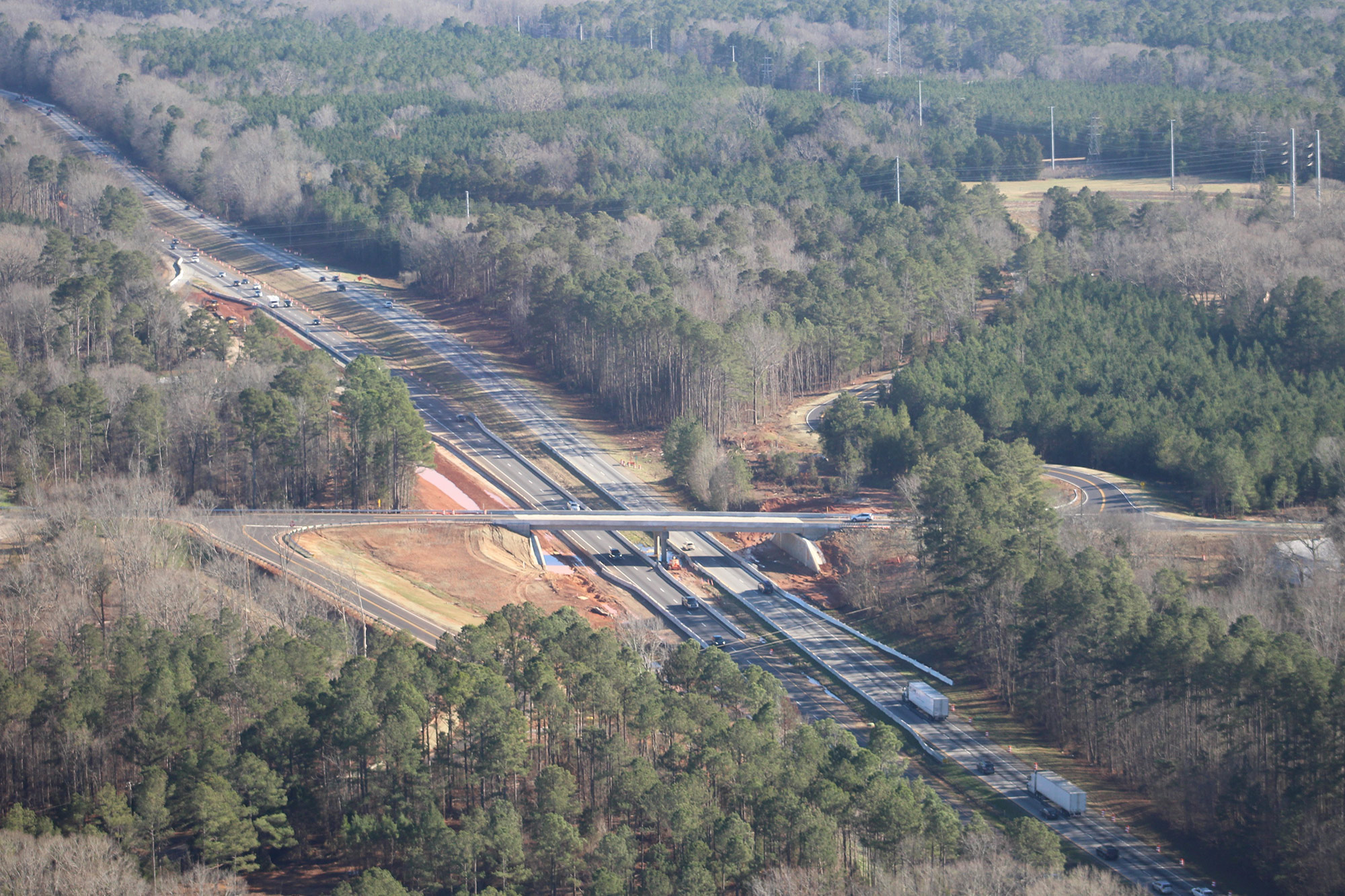 Aerial view of the Holy Trinity Church overpass bridge over I-26 looking east toward Columbia